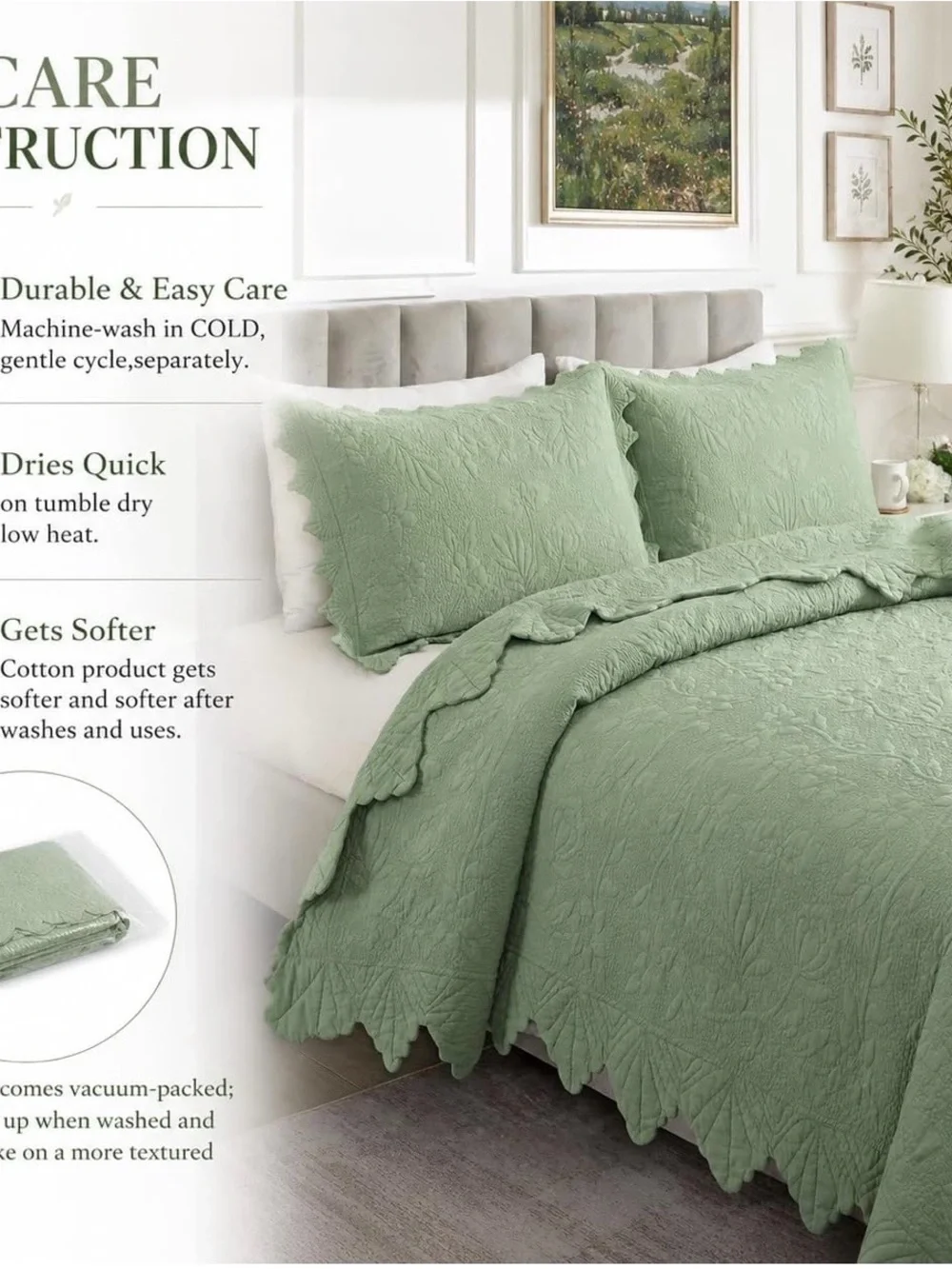 Sage Green king 3 piece Quilted Bedspread Set - Elegant Scalloped Edge